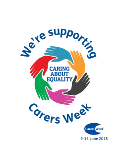 Colourful graphic with a circle of hands holding each other which reads, 'caring about equality - we're supporting carers week'.