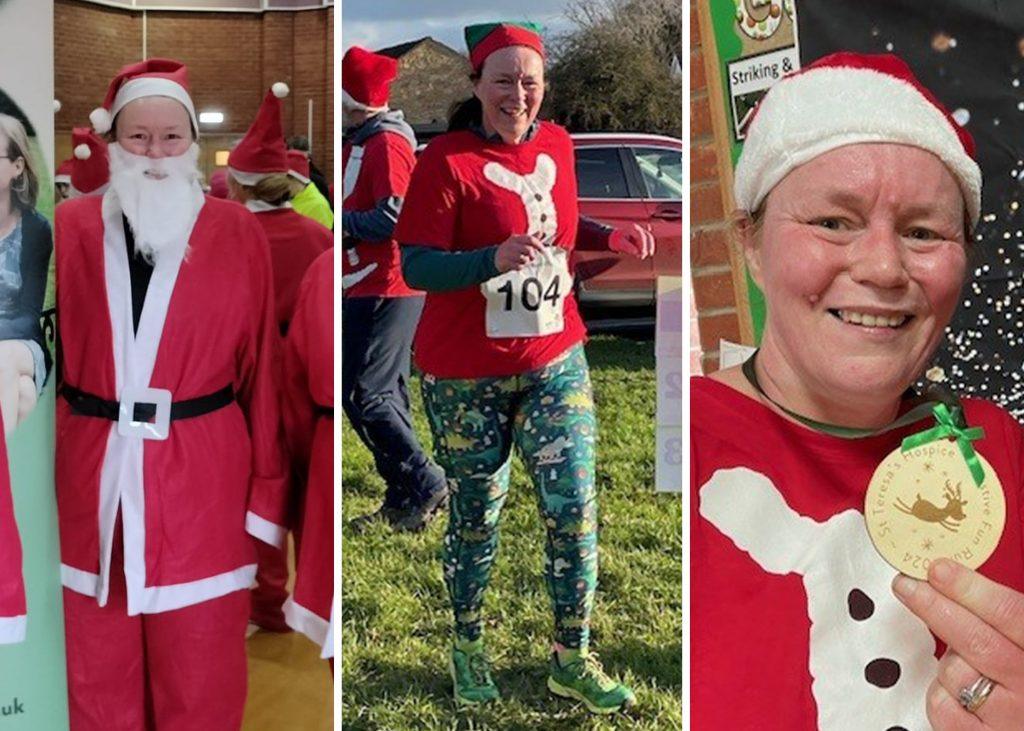Three photos of Anna Bonner wearing Santa costumes and taking part in the St Teresa's Hospice Festive Fun Run.