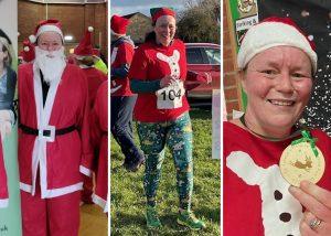 Three photos of Anna Bonner wearing Santa costumes and taking part in the St Teresa's Hospice Festive Fun Run.