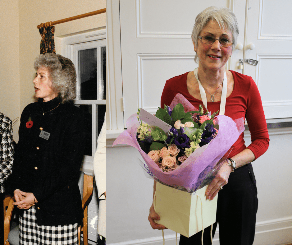 Two photos of Aileen - one from the 1990s where she is looking off to the side, and one recent photo with her smiling at the camera while holding a bunch of flowers.